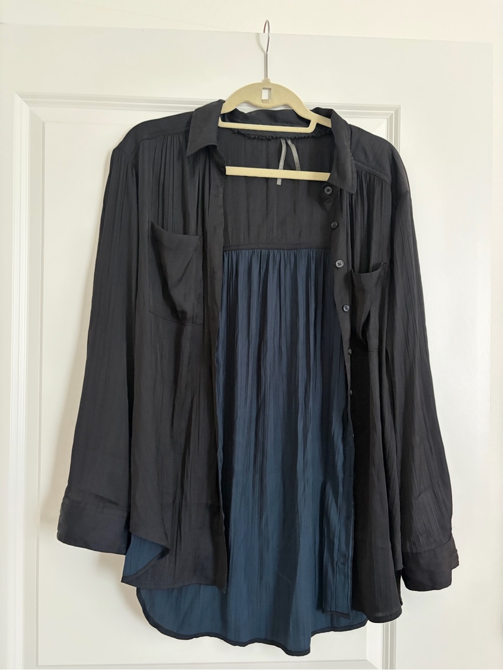 Anthropologie Black Button-Down Blouse with Navy Inner Panel